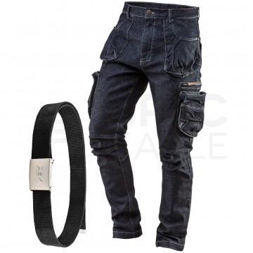 Długie spodnie monterskie, robocze 5-kieszeniowe DENIM jeansowe rozmiar XL/54 + pasek NEO 81-229-XL + 81-900