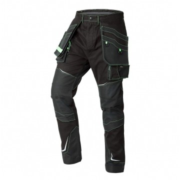 Długie spodnie monterskie, robocze wzmocniane na kolanach czarne z neonowo-zielonymi przeszyciami PREMIUM PRO rozmiar L/52 NEO 81-234-L
