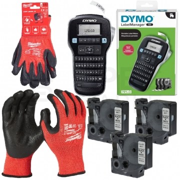 Drukarka etykiet DYMO LabelManager 160 dla biura, domu, instalatora (LM 160) [S0946320 / 2181011] + 3 oryginalne taśmy DYMO D1 12mm + Rękawice robocze, ochronne rozmiar M/8 odporne na przecięcia, poziom ochrony 3/C MILWAUKEE