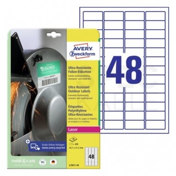 Etykiety przemysłowe zewnętrzne 45,7x21,2mm białe polietylenowe Ultra Resistant (480 etykiet na 10 arkuszach A4) AVERY Zweckform L7911-10