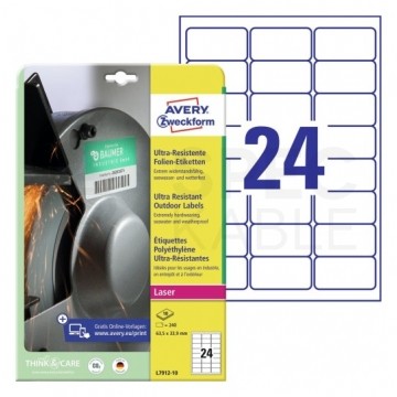 Etykiety przemysłowe zewnętrzne 63,5x33,9mm białe polietylenowe Ultra Resistant (240 etykiet na 10 arkuszach A4) AVERY Zweckform L7912-10
