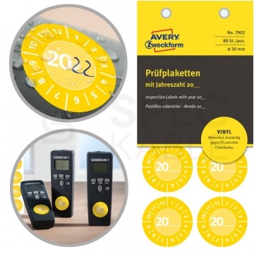 Etykiety tabliczki inspekcyjne 20__ rok okrągłe śred. 30,0mm żółte winylowe do ręcznego opisu (80 etykiet na 10 arkuszach) AVERY Zweckform 7902