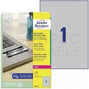 Etykiety znamionowe 210x297mm srebrne poliestrowe Heavy Duty przemysłowe uniwersalne (8 etykiet na 8 arkuszach A4) AVERY Zweckform L6013-8
