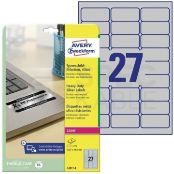 Etykiety znamionowe 63,5x29,6mm srebrne poliestrowe Heavy Duty przemysłowe uniwersalne (216 etykiet na 8 arkuszach A4) AVERY Zweckform L6011-8