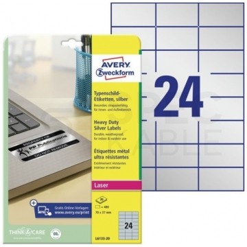 Etykiety znamionowe 70x37mm srebrne poliestrowe Heavy Duty przemysłowe uniwersalne (480 etykiet na 20 arkuszach A4) AVERY Zweckform L6133-20