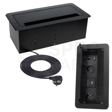 Gniazdo meblowe blatowe 2x2P+Z 16A 230V + 1xUSB A + 1xUSB C 2,1A 5V + RJ45 + HDMI 2.0 3m czarny KOMBI BOX