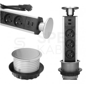 Gniazdo meblowe chowane w blat Virone okrągłe INOX potrójne 3x [2P+Z] 16A + gniazdo ładowania 2x USB-A (5V / 2,1A) z przewodem 1,8m VIRONE
