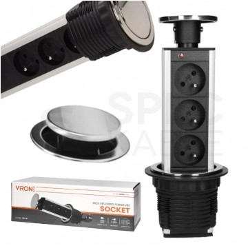 Gniazdo meblowe chowane w blat Virone okrągłe INOX potrójne 3x [2P+Z] 16A z przewodem 1,8m ORNO