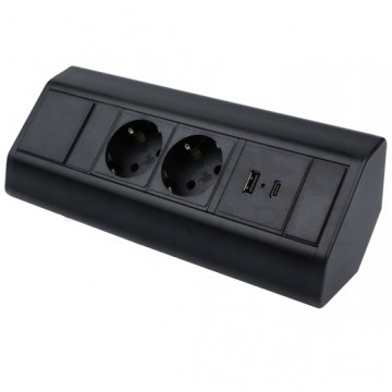 Gniazdo meblowe narożne CORNER BOX czarne podwójne 2x [2P+Z] Schuko 16A + gniazdo ładowania USB A + USB C (5V / 2,1A) z przewodem 1,8m