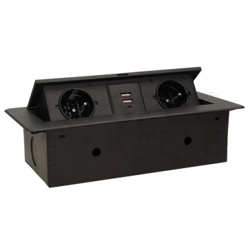 Gniazdo wpuszczane w blat 2x 230V 2P+Z + 2x ładowarka USB 5V/2.1A czarne