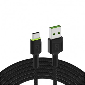 GREEN CELL RAY LED z zielonym podświetleniem Kabel USB 2.0 typ-C / A (wtyk / wtyk) Quick Charge 3.0 PowerStream czarny 1,2m