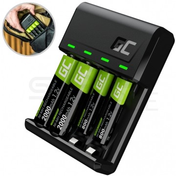 Green Cell Zestaw Ładowarka akumulatorów 4x Ni-MH (R03 AAA / R6 AA) VitalCharger + 4 akumulatorki (2x Ni-MH [R6 AA] 2000mAh+ 2x Ni-MH [R03 AAA] 800mAh)