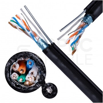 Kabel sieciowy F/UTP kat.5e skrętka 4x2x0,5mm zewnętrzny suchy z linką nośną PE czarny NETSET