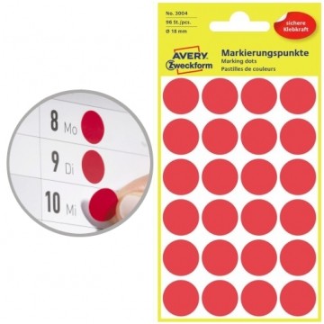 Kółka samoprzylepne do oznaczania czerwone śred. 18,0mm papierowe (96 etykiet na 4 arkuszach) AVERY Zweckform 3004