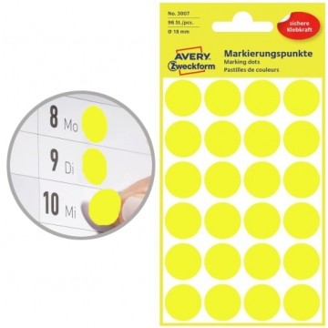 Kółka samoprzylepne do oznaczania żółte śred. 18,0mm papierowe (96 etykiet na 4 arkuszach) AVERY Zweckform 3007