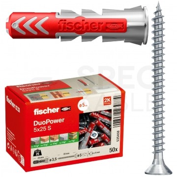 Kołki rozporowe uniwersalne DuoPower 5x25mm S 2-składnikowe z wkrętem PZ 3,5x35mm z łbem stożkowem do wszystkich typów podłoża FISCHER 50szt