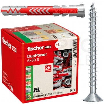 Kołki rozporowe uniwersalne DuoPower 6x50mm S 2-składnikowe z wkrętem PZ2 4,5x60mm z łbem stożkowem do wszystkich typów podłoża FISCHER 50szt