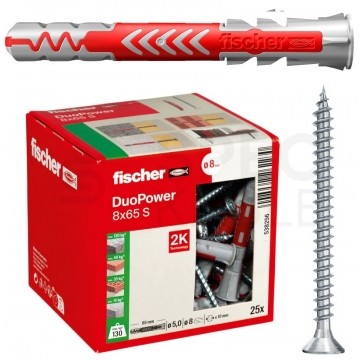 Kołki rozporowe uniwersalne DuoPower 8x65mm S 2-składnikowe z wkrętem PZ 5x80mm z łbem stożkowem do wszystkich typów podłoża FISCHER 25szt