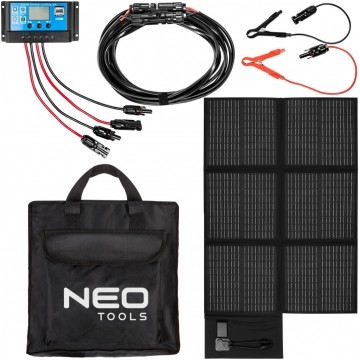 Ładowarka solarna przenośny panel słoneczny 120W 2x USB Typ-A 1x USB Typ-C regulator napięcia w zestawie z przewodem 5m, krokodylkami i torbą NEO 90-141