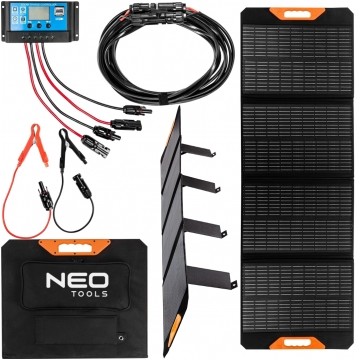 Ładowarka solarna przenośny panel słoneczny 140W 2 x USB Typ-A 1 x USB Typ-C regulator napięcia w zestawie z przewodem 5m, krokodylkami i torbą NEO 90-142