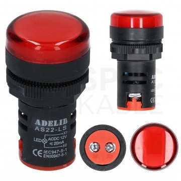 Lampka kontrolna sterownicza LED Czerwona 12V fi:22mm ADELID