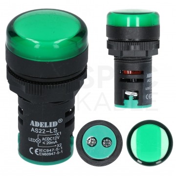 Lampka kontrolna sterownicza LED Zielona 12V fi:22mm ADELID