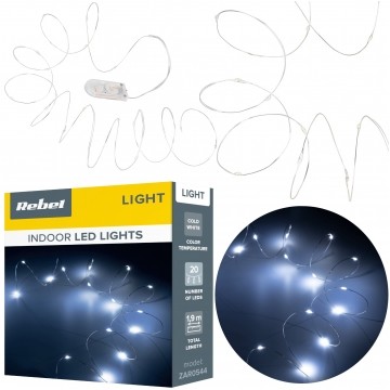 Lampki świąteczne choinkowe wewnętrzne 20 diod mini LED (zimne białe) 1,9m na baterie Rebel