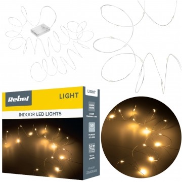 Lampki świąteczne choinkowe wewnętrzne 50 diod mini LED (ciepłe białe) 5,2m na baterie Rebel