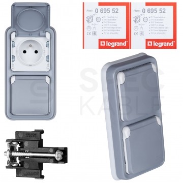 LEGRAND PLEXO Kompletne Gniazdo podwójne pionowa podtynkowe 2P+Z z klapką + ramka szare IP55