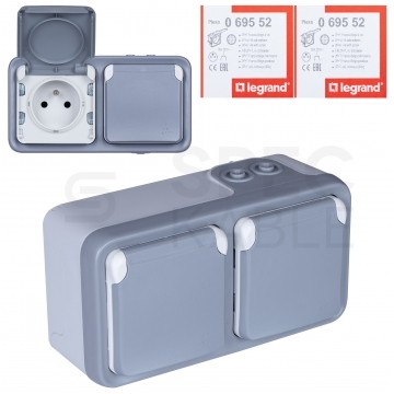LEGRAND PLEXO Kompletne Gniazdo podwójne poziome natynkowe 2P+Z z klapką + puszka n/t IP55