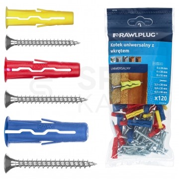 MIX Kołki rozporowe uniwersalne UNO 5x24mm, 6x28mm, 8x32mm + wkręty PZ z łbem stożkowym do wszystkich typów podłoża RAWLPLUG 120szt