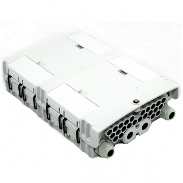 Mufa przełącznica światłowodowa podwieszana FO na 24+3 adapterów SC simplex 4:24 ( 4 wejścia, 24 wyjść ) z tackami ( 24 spawów + 3 ) + dławiki biały IP65 GFP-24N TELCOLINE