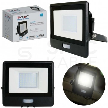 Naświetlacz, projektor LED SMD 30W 2340lm 6500K IP65 czarny z czujnikiem ruchu, mufa przyłączeniowa barwa CW biała zimna V-TAC SAMSUNG VT-138S 5 LAT GWARANCJI