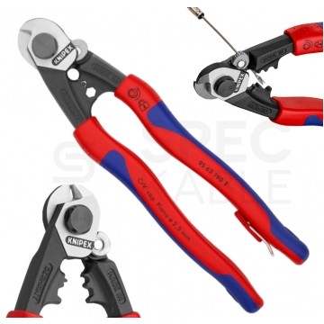 Nożyce do cięcia drutów i lin stalowych (do 5mm) 190mm z zaczepem KNIPEX 95 62 160 T