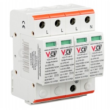 Ogranicznik przepięć SPD 3-fazowy B+C (Typ 1+2) 4P 8kA + 25kA/50kA iskiernikowy VCX Professional