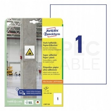 OUTLET Etykiety do trudnych powierzchni 210x297mm białe papierowe (20 etykiet na 20 arkuszach A4) AVERY Zweckform L7877-20