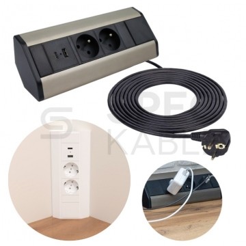 OUTLET Gniazdo meblowe narożne CORNER BOX srebrno-czarne podwójne 2x [2P+Z] 16A + gniazdo ładowania USB A + USB C (5V / 2,1A) z przewodem 1,8m