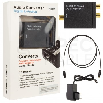 OUTLET Konwerter Audio cyfrowo-analogowy RCA Cinch / TOSLINK -> 2x RCA Cinch aktywny (gniazdo DC 5V 2A) czarny