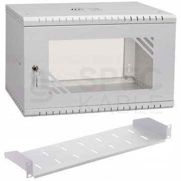 OUTLET Szafa wisząca RACK 19" 6U 350mm drzwi szklane szara z półką PRO LIGHT