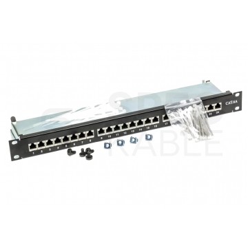 Patch panel RACK 19" kat.6A 24p FTP z półką 1U czarny