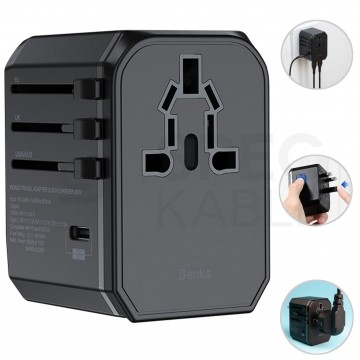 Podróżny adapter zasilania z ładowarką 2x USB (5V / 2,4A) + USB typ-C Quick Charge 3.0 Power Delivery 18W (9V / 2A) [12V / 1,5A]