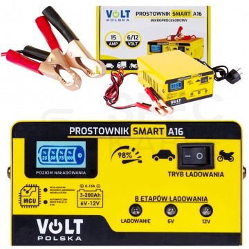 Prostownik automatyczny SMART A16 do akumulatorów 6V/12V 15A z mikroprocesorem i wyświetlaczem LCD VOLT