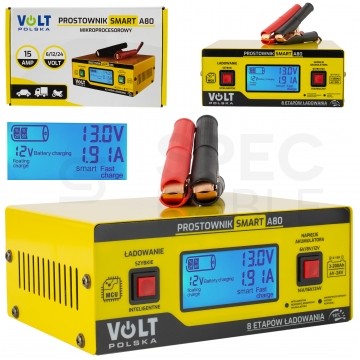 Prostownik automatyczny SMART A80 do akumulatorów 6V-24V 15A z mikroprocesorem i wyświetlaczem LCD VOLT