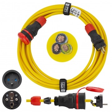 Przedłużacz elektryczny Kabel zasilający budowlany Premium poliuretanowy PUR (H07BQ-F) 3x1,5mm2 (wtyk / gniazdo z klapką) 16A IP54 żółty 20m