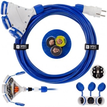 Przedłużacz elektryczny Kabel zasilający budowlany Premium poliuretanowy PUR (H07BQ-F) 3x2,5mm2 (wtyk / 3 gniazda z klapką) 16A IP54 niebieski 10m