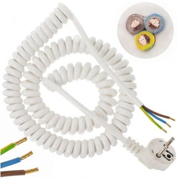 Przewód zasilający OMY spiralny 3x1,5mm2 kabel H03VVH8-F z wtyczką kątową [2P+Z] Uni-Schuko biały 0,7m / 4m