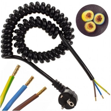 Przewód zasilający OMY spiralny 3x1,5mm2 kabel H03VVH8-F z wtyczką kątową [2P+Z] Uni-Schuko czarny 0,38m / 2,2m