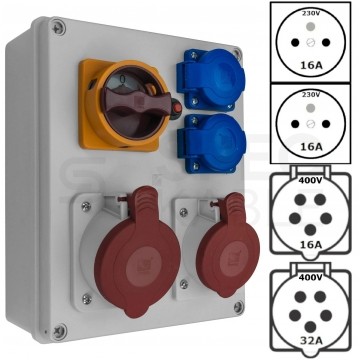 Rozdzielnica budowlana R-BOX IP44 przenośna [5P]/32A + [5P]/16A + 2x[2P+Z]/250V + wyłącznik 0/1 IP44 PAWBOL