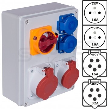 Rozdzielnica budowlana R-BOX IP44 przenośna [5P]/32A + [5P]/16A + 2x[2P+Z]/250V + wyłącznik L/P IP44 PAWBOL