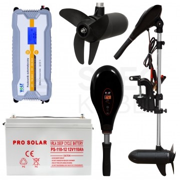 Silnik zaburtowy elektryczny do łodzi pontonu BRYZA 60lbs 12V 700W z akumulatorem DEEP CYCLE 110Ah i prostownikiem automatycznym 12/24V 20A VOLT